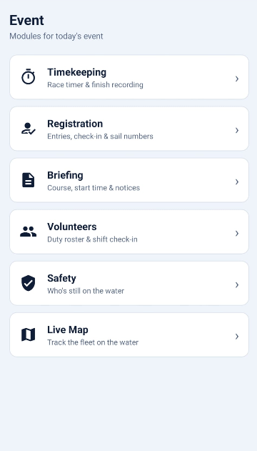 Event hub showing Timekeeping, Registration, Briefing, Volunteers, Safety and Live Map modules