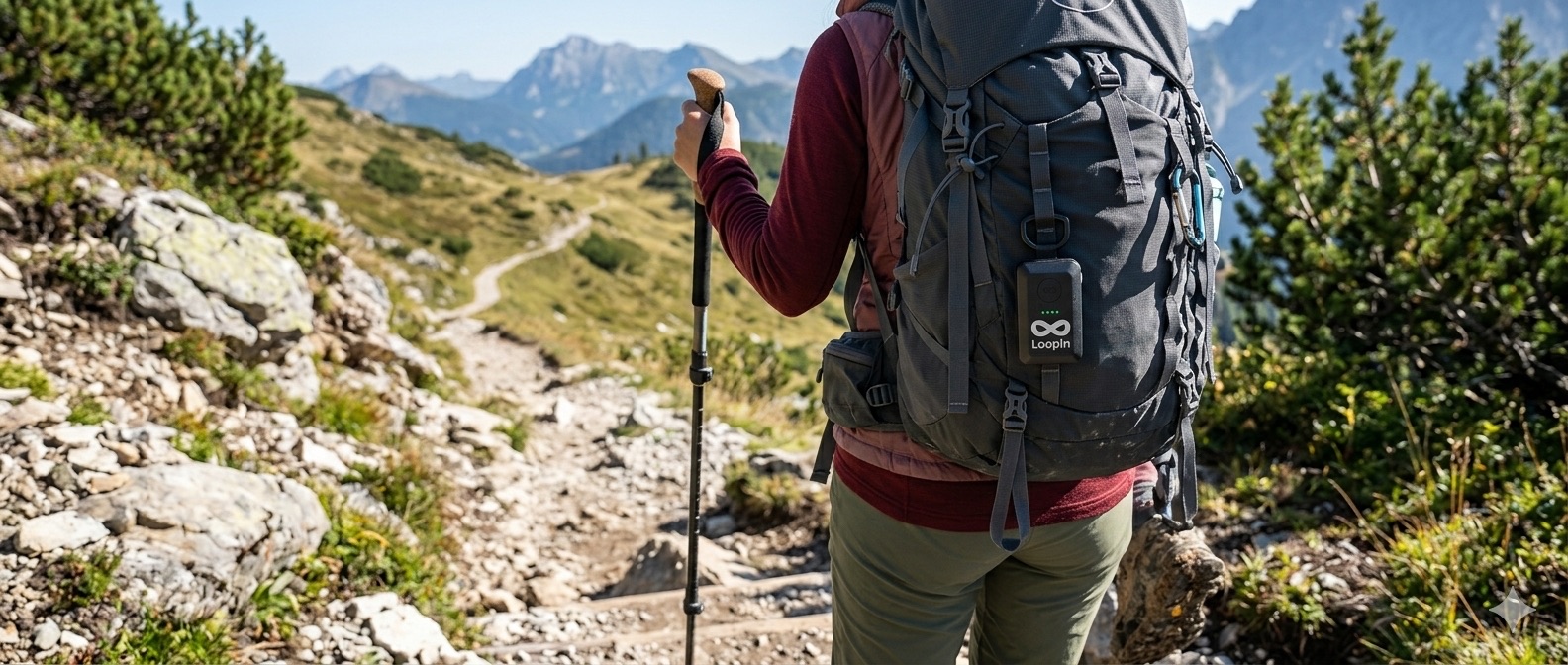 Hiker with tracker on backpack